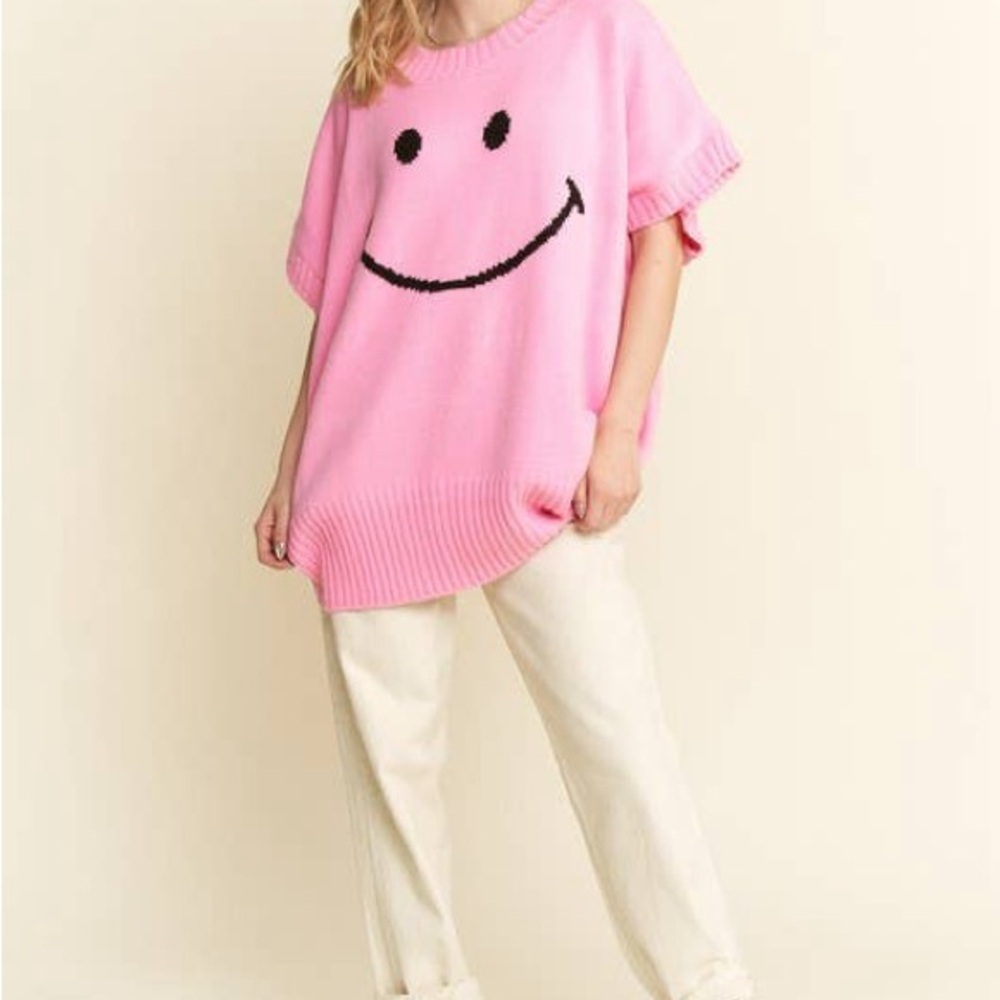 Pink Smiley Face Sweater/Short Sleeve Smile Oversized Knit Top